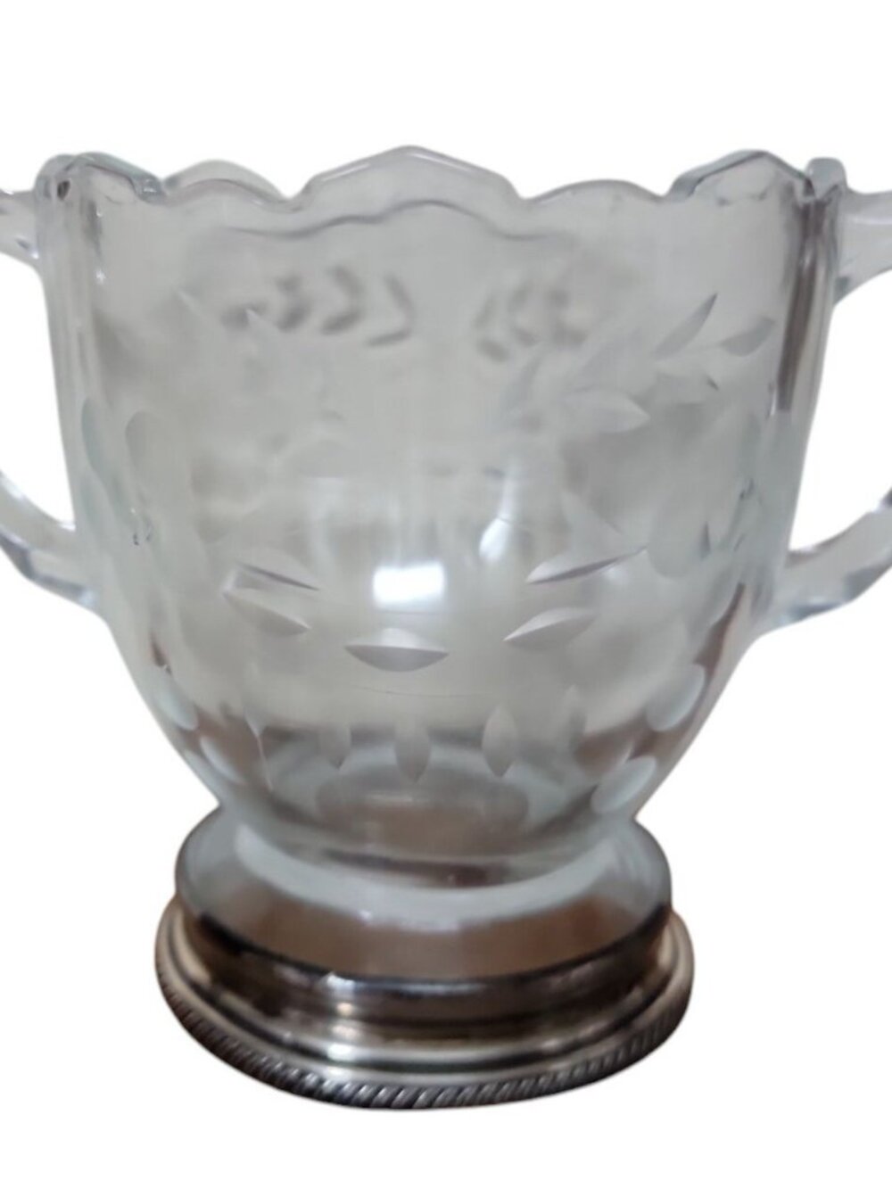 Indiana Glass Etched Glass Sugar Bowl Sterling Base Double Handled Ruffled Edge